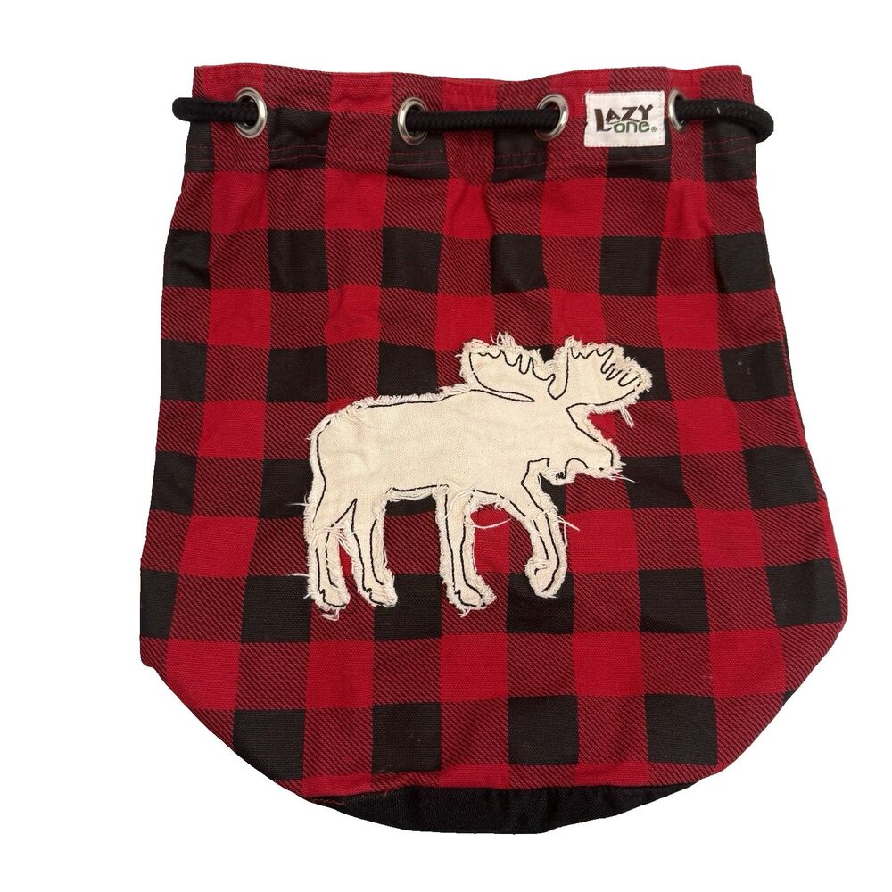 Lazy One Moose Cinch Backpack Red Black Plaid 100% Cotton Canvas Bag EUC